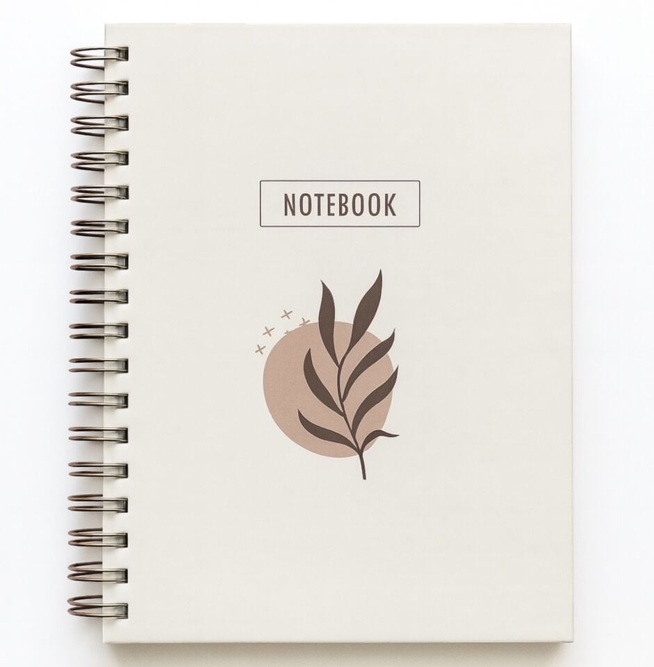 A5 Spiralli Çizgili Defter – Minimalist Yaprak Desenli Kapak