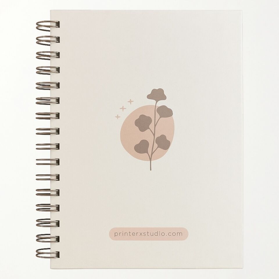A5 Spiralli Çizgili Defter – Minimalist Yaprak Desenli Kapak