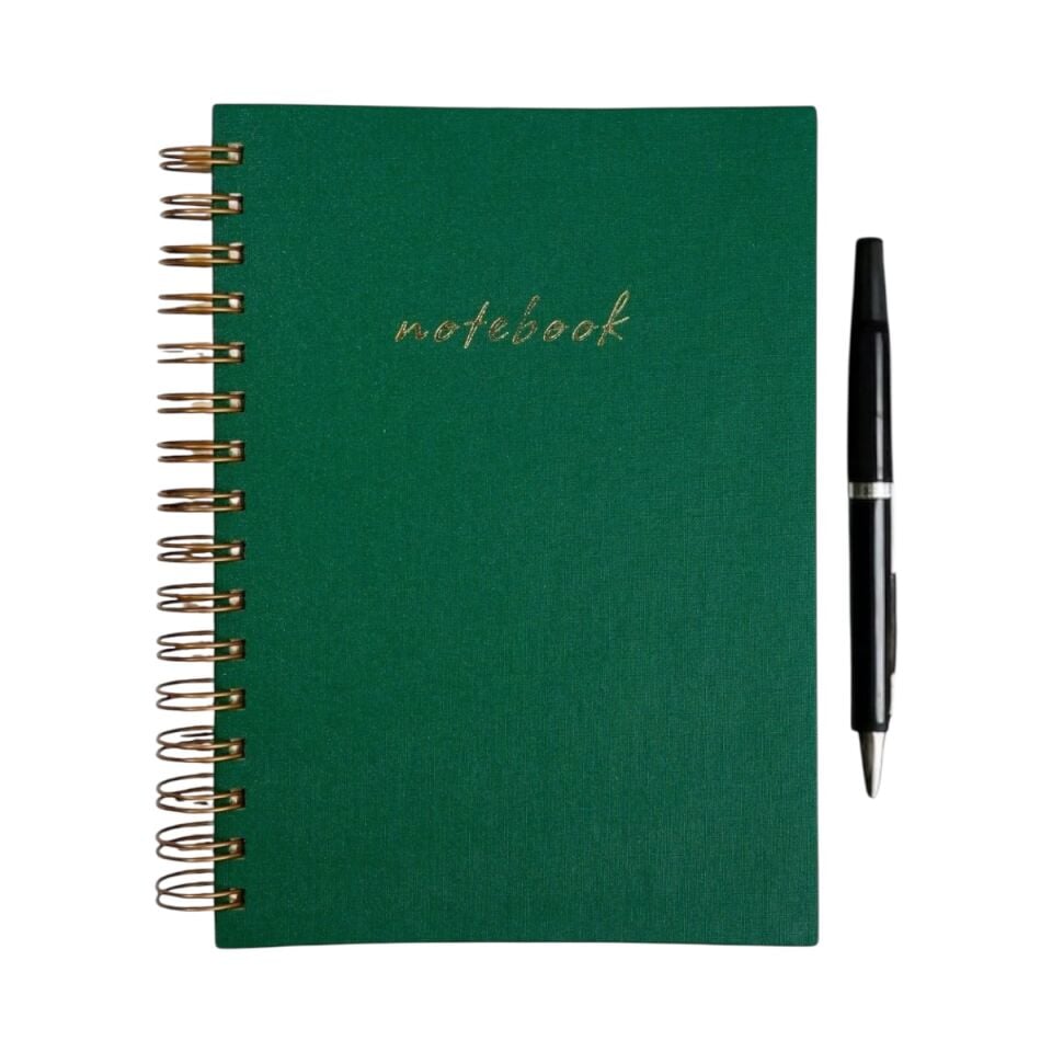 A5 Premium Defter | Parlak Yeşil Sert Kapak | Çizgili Ivory Kağıt, Bakır Spiralli