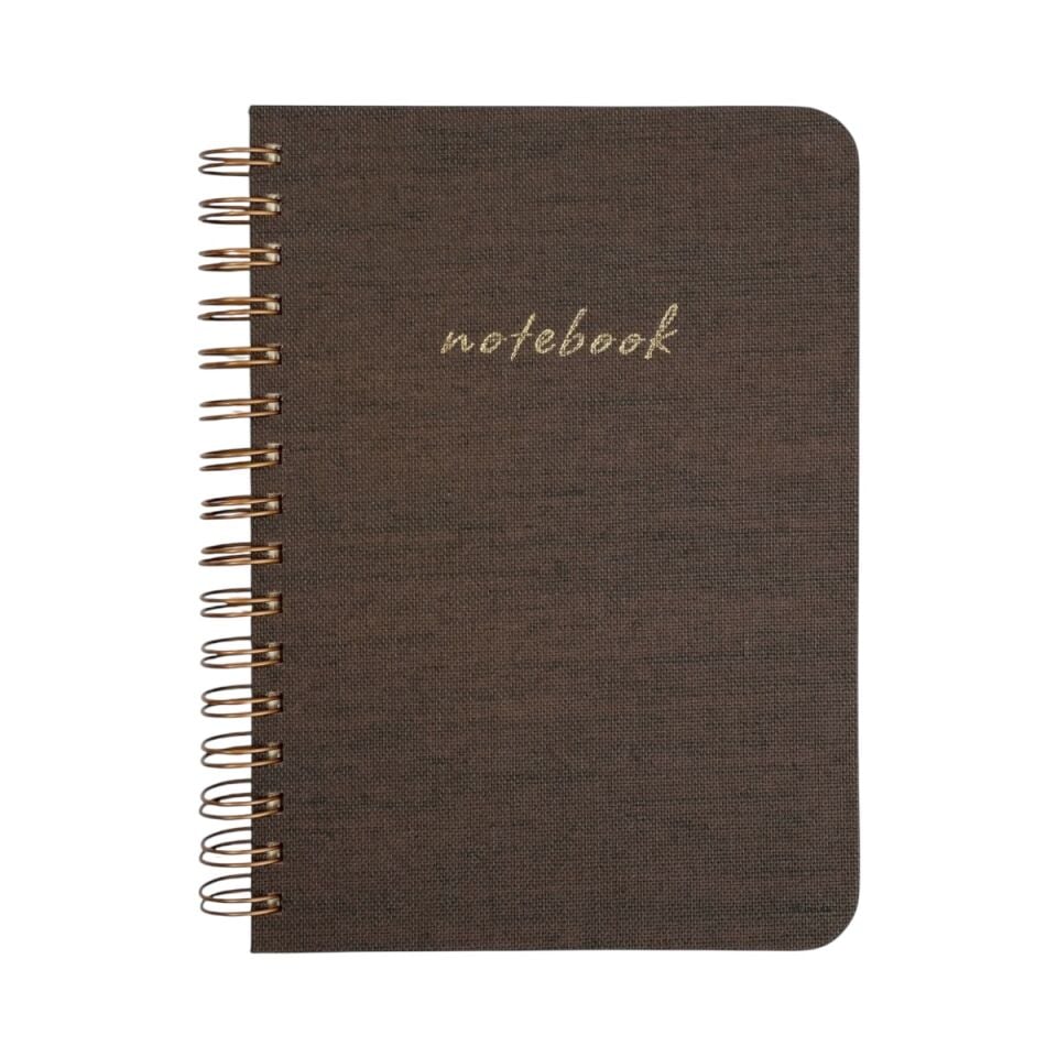 A5 Premium Defter | Kahverengi Keten Sert Kapak | Çizgili Ivory Kağıt, Bakır Spiralli